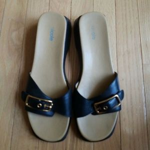 Black Leather Slide On Sandals Size 9.5
